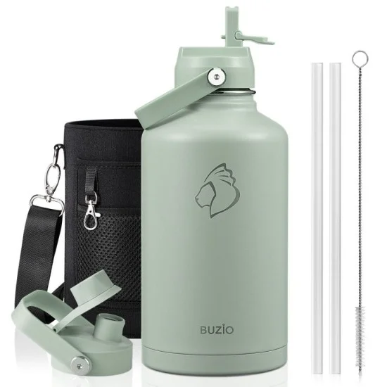 Buzio Duet Series Water Bottle with 2 Lids and Sleeve 1.9L - Green